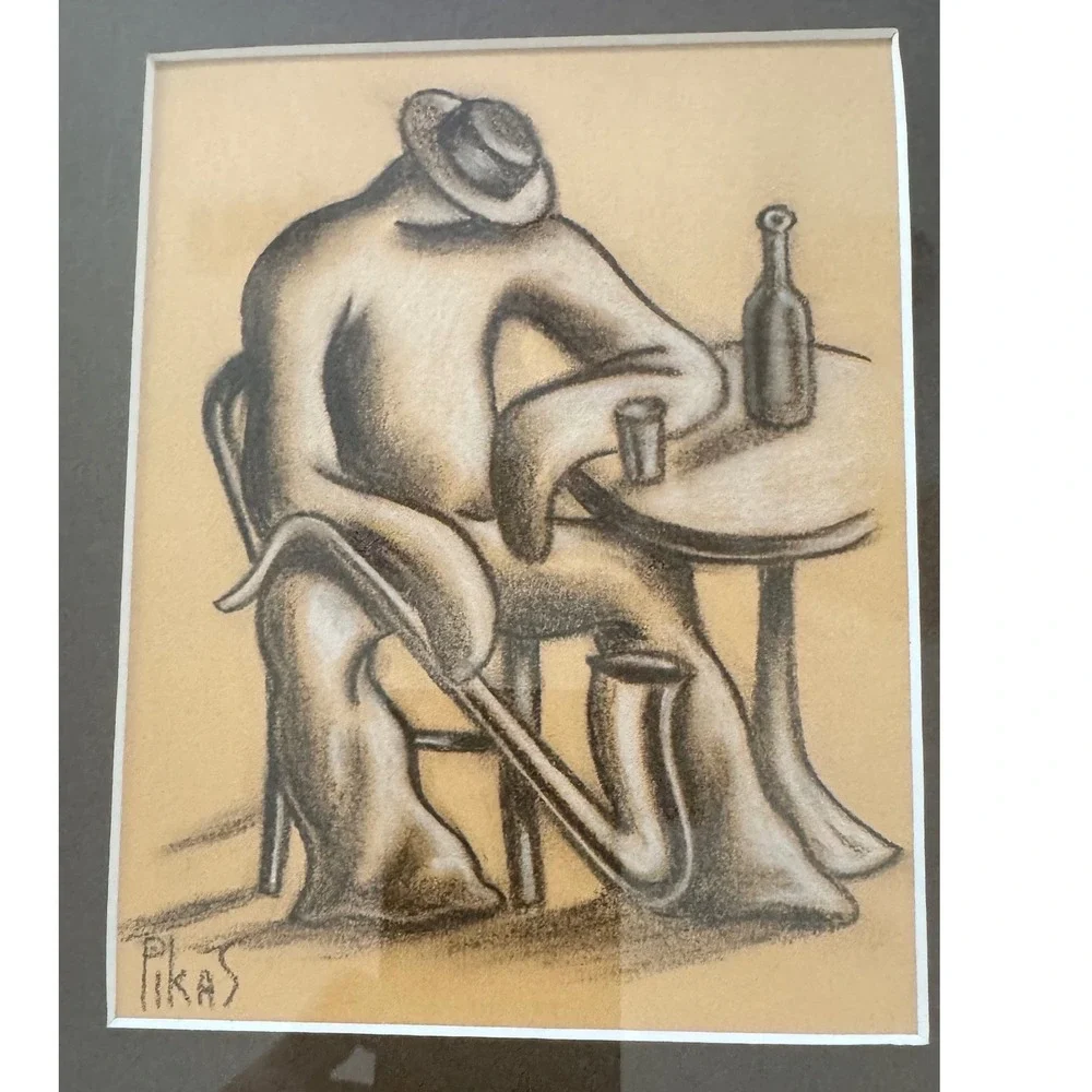 Alex Pikas Cubist Style Signed Original Drawing Framed Cafe Figure Art‎ UV Glass